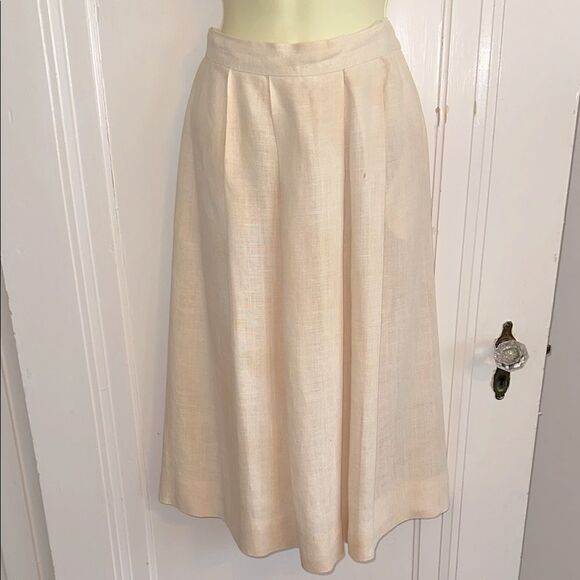 Vintage 70s/80s Lord & Taylor Cream/Ivory Linen Pleat Front Midi Skirt - Picture 1 of 8